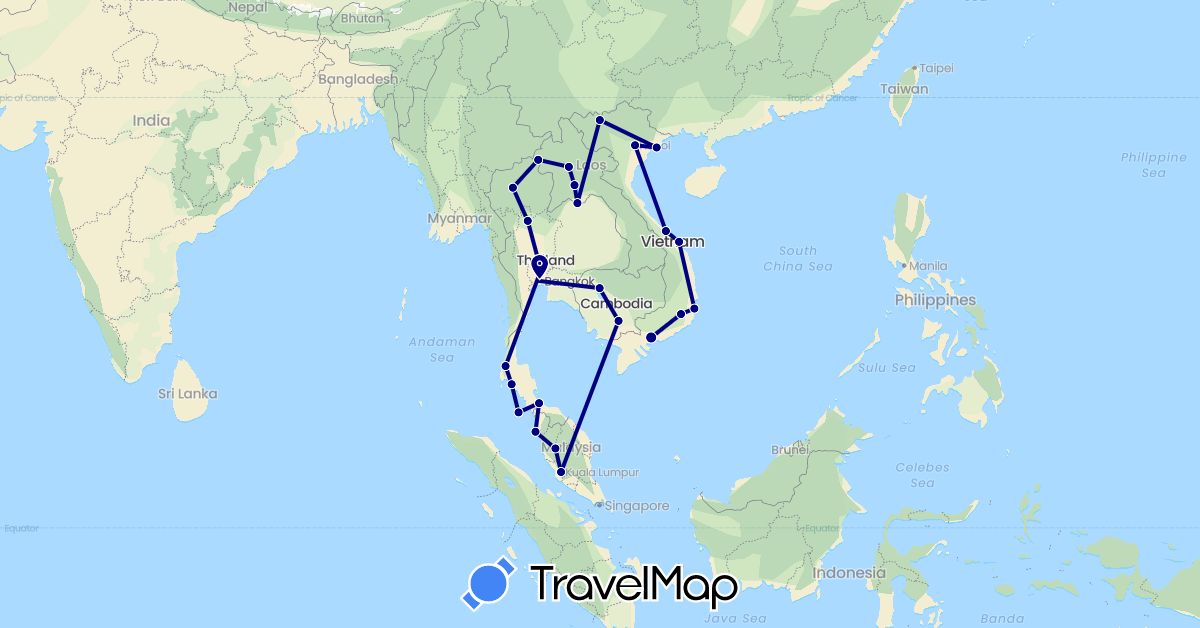 TravelMap itinerary: driving in Cambodia, Laos, Malaysia, Thailand, Vietnam (Asia)